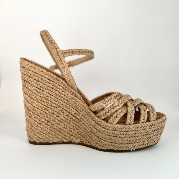 Schutz Leather Espadrille Woven Raffia Jute Strappy Platform Heels Wedge Sandals - Picture 2 of 9